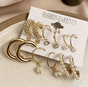 9 pairs Faux Pearl Gold Earrings